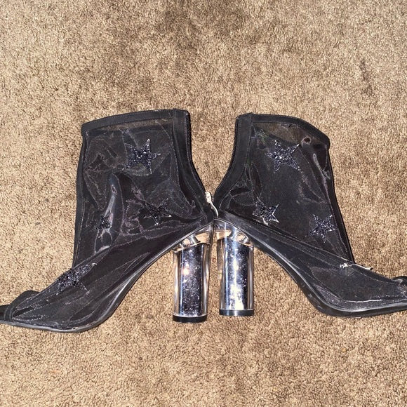 Black Star-Embellished Ankle Boots with Silver Heels